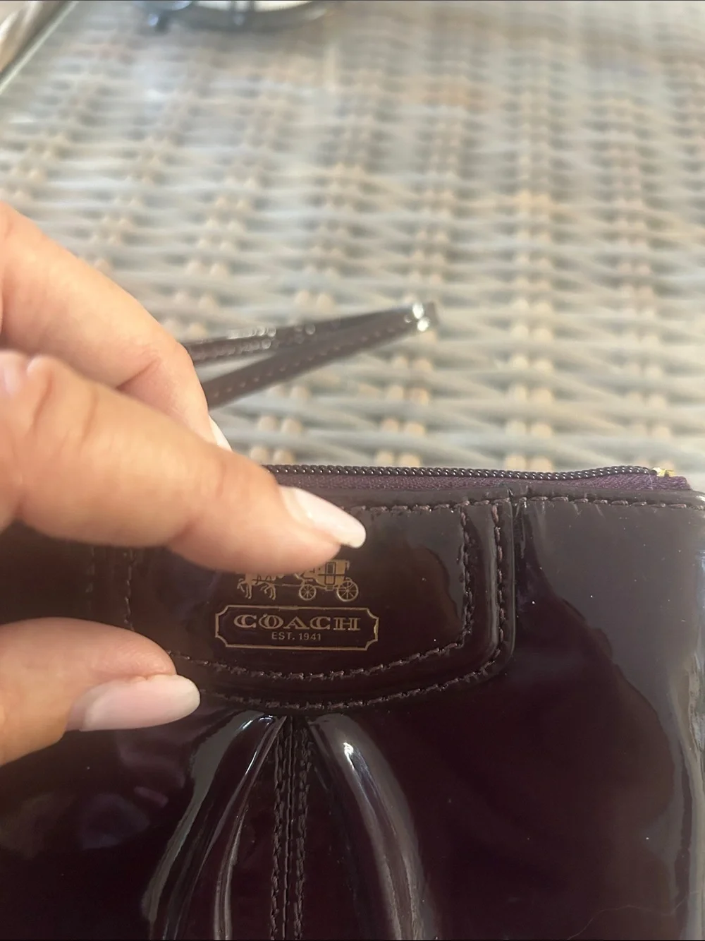 Coach Patent Leather Wristlet - Deep Plum with Gold Hardware